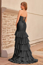 Charming Mermaid Strapless Pink Satin Long Evening Dress with Appliques - Curvevia