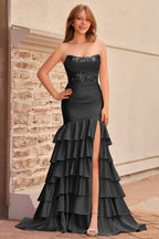 Charming Mermaid Strapless Pink Satin Long Evening Dress with Appliques - Curvevia