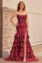 Charming Mermaid Strapless Pink Satin Long Evening Dress with Appliques - Curvevia