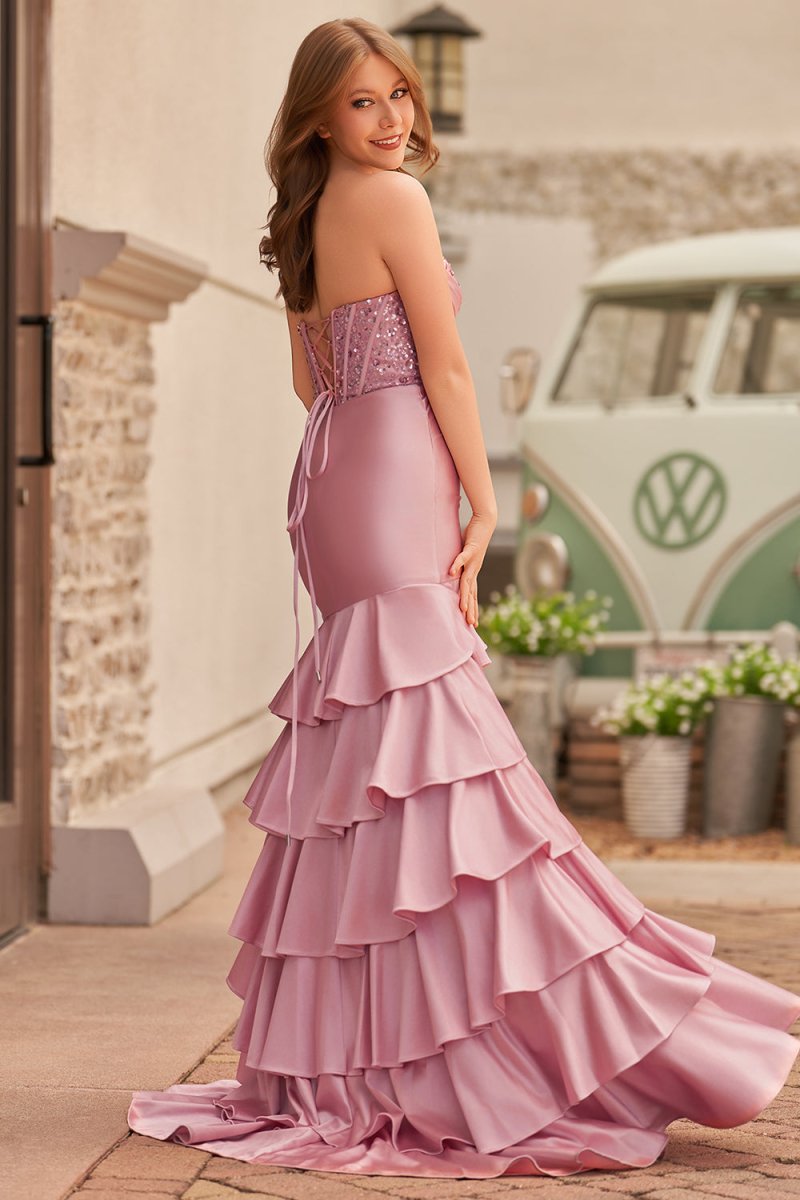 Charming Mermaid Strapless Pink Satin Long Evening Dress with Appliques - Curvevia