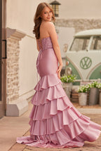 Charming Mermaid Strapless Pink Satin Long Evening Dress with Appliques - Curvevia