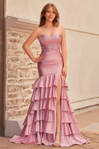 Charming Mermaid Strapless Pink Satin Long Evening Dress with Appliques - Curvevia