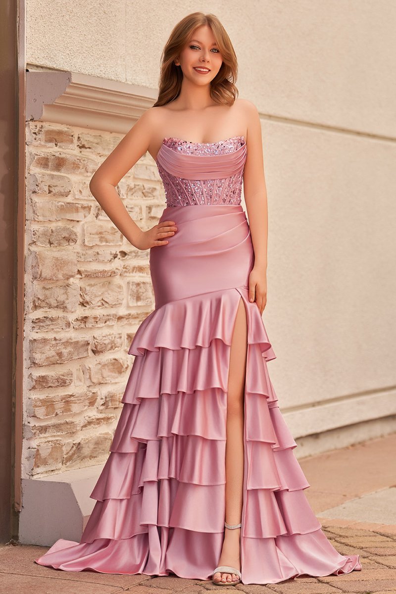 Charming Mermaid Strapless Pink Satin Long Evening Dress with Appliques - Curvevia