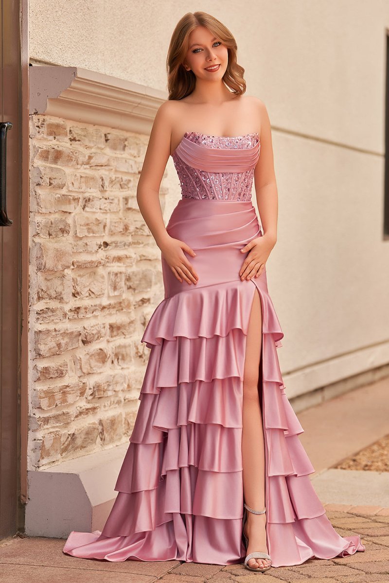 Charming Mermaid Strapless Pink Satin Long Evening Dress with Appliques - Curvevia