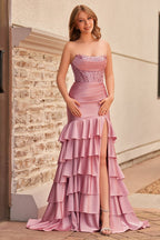 Charming Mermaid Strapless Pink Satin Long Evening Dress with Appliques - Curvevia