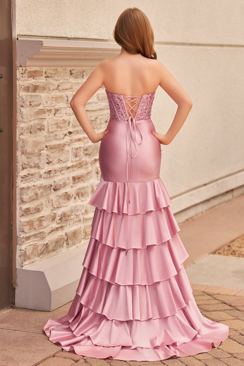Charming Mermaid Strapless Pink Satin Long Evening Dress with Appliques - Curvevia