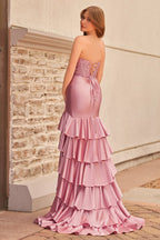 Charming Mermaid Strapless Pink Satin Long Evening Dress with Appliques - Curvevia