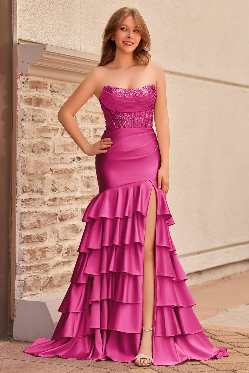 Charming Mermaid Strapless Pink Satin Long Evening Dress with Appliques - Curvevia
