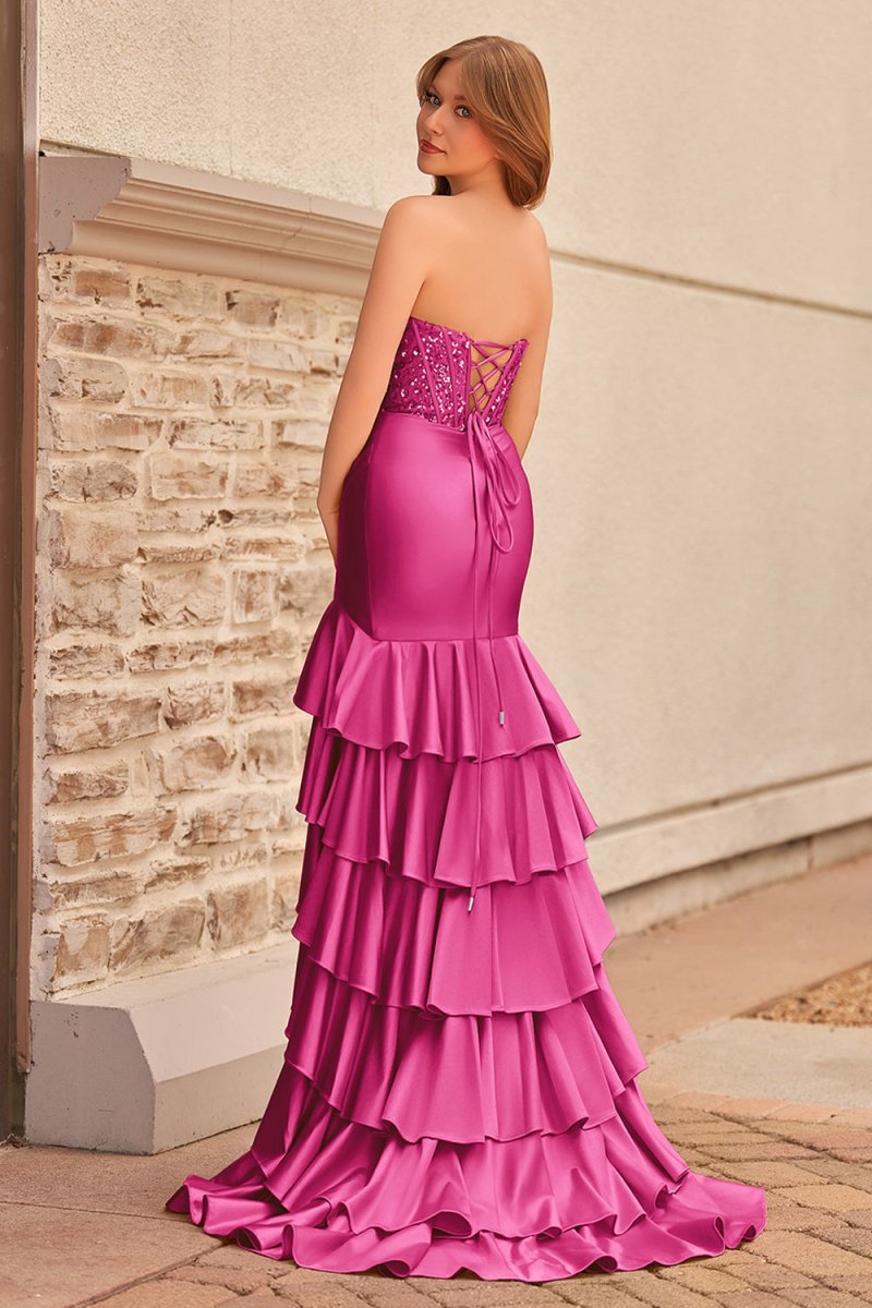 Charming Mermaid Strapless Pink Satin Long Evening Dress with Appliques - Curvevia