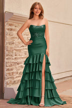 Charming Mermaid Strapless Pink Satin Long Evening Dress with Appliques - Curvevia