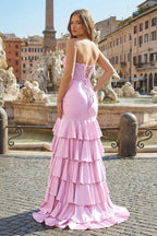 Charming Mermaid Strapless Pink Satin Long Evening Dress with Appliques - Curvevia