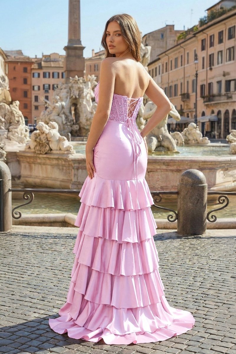 Charming Mermaid Strapless Pink Satin Long Evening Dress with Appliques - Curvevia