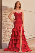 Charming Mermaid Strapless Pink Satin Long Evening Dress with Appliques - Curvevia