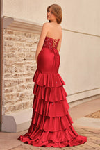 Charming Mermaid Strapless Pink Satin Long Evening Dress with Appliques - Curvevia
