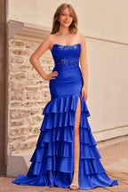 Charming Mermaid Strapless Pink Satin Long Evening Dress with Appliques - Curvevia