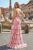 Charming Mermaid Strapless Pink Satin Long Evening Dress with Appliques - Curvevia