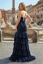 Charming Mermaid Strapless Pink Satin Long Evening Dress with Appliques - Curvevia