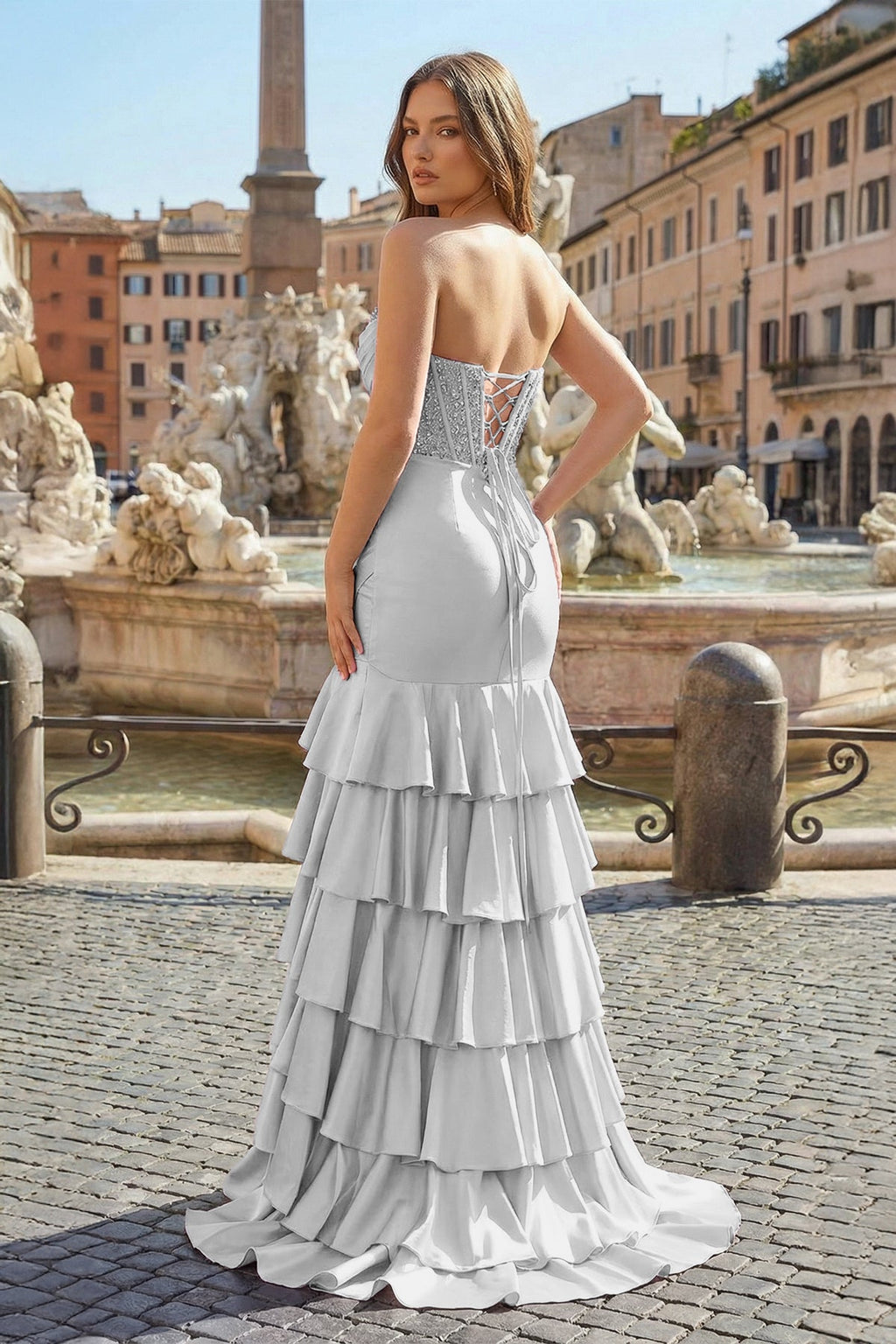 Charming Mermaid Strapless Pink Satin Long Evening Dress with Appliques - Curvevia