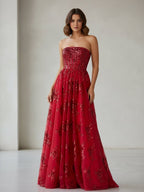 Royal Blue A Line Strapless Pleating Long Evening Dress With Applique - Curvevia