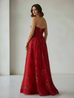 Royal Blue A Line Strapless Pleating Long Evening Dress With Applique - Curvevia