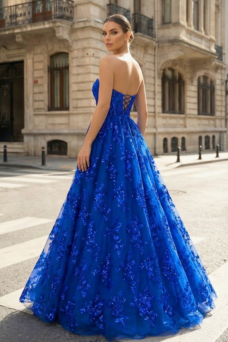 Royal Blue A Line Strapless Pleating Long Evening Dress With Applique - Curvevia