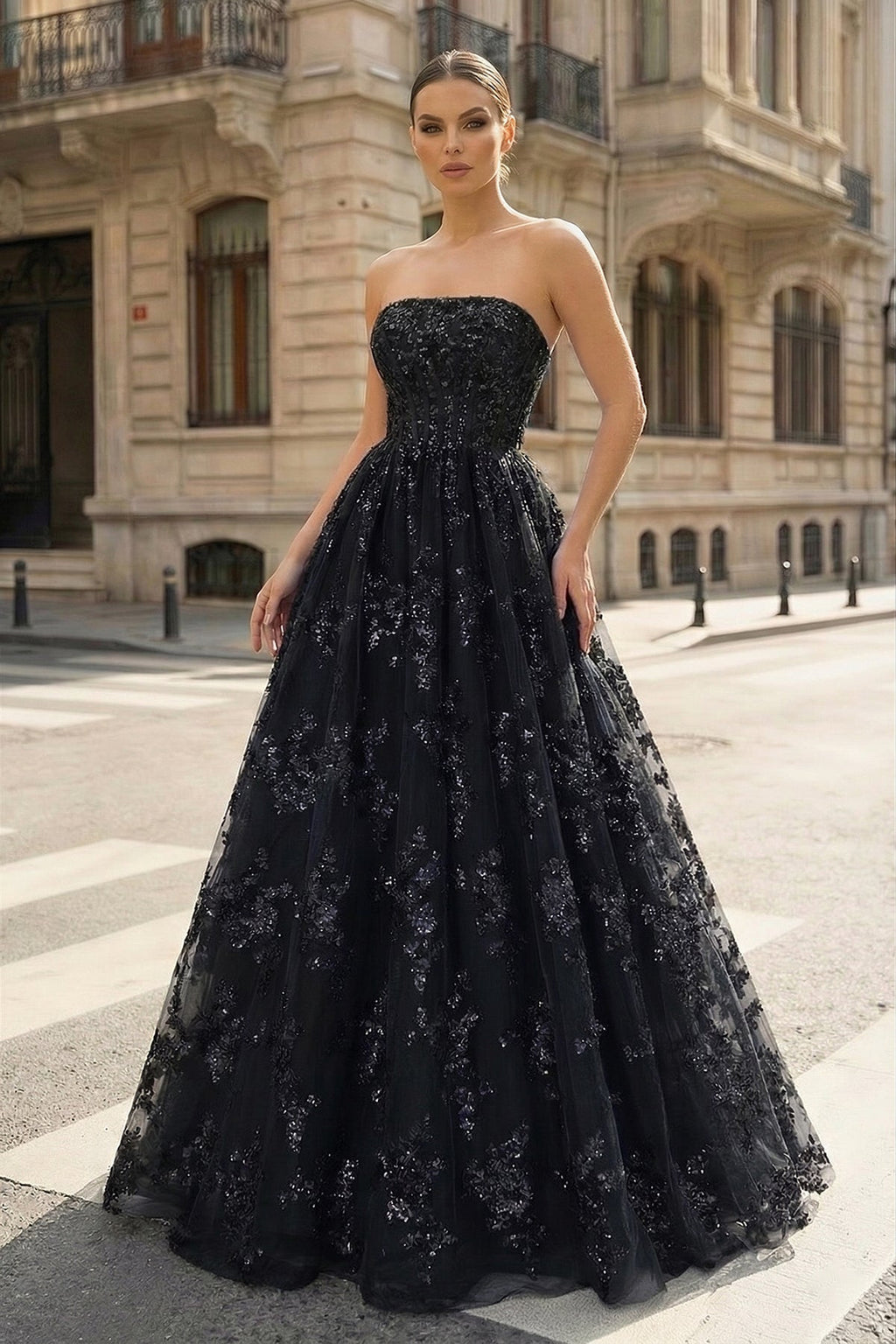 Royal Blue A Line Strapless Pleating Long Evening Dress With Applique - Curvevia