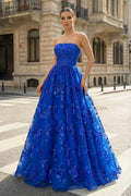 Royal Blue A Line Strapless Pleating Long Evening Dress With Applique - Curvevia