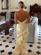 Yellow Spaghetti Straps Mermaid Long Evening Dress with Ruffles - Curvevia