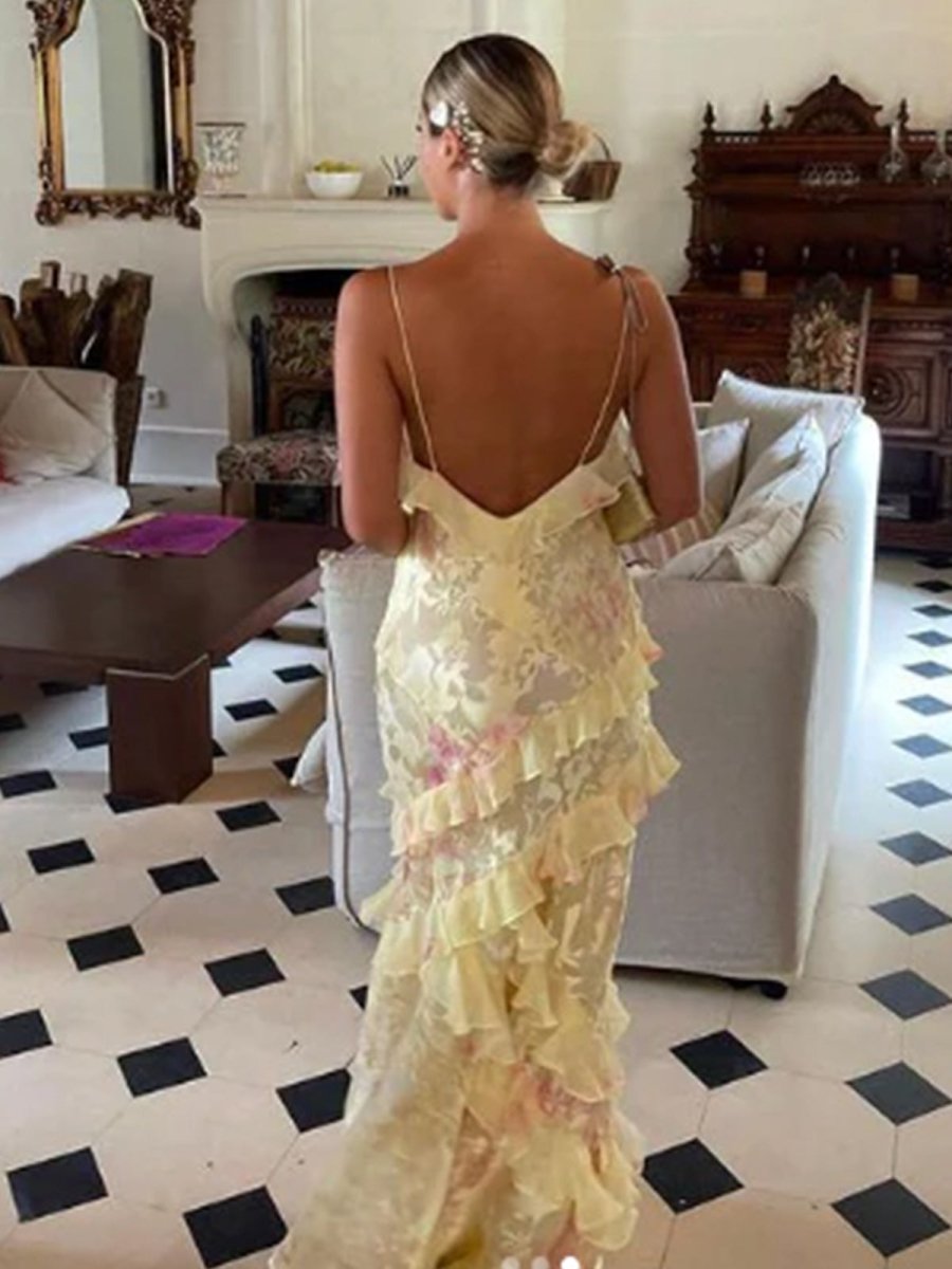 Yellow Spaghetti Straps Mermaid Long Evening Dress with Ruffles - Curvevia
