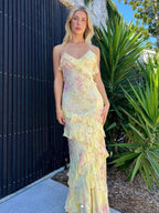 Yellow Spaghetti Straps Mermaid Long Evening Dress with Ruffles - Curvevia