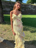 Yellow Spaghetti Straps Mermaid Long Evening Dress with Ruffles - Curvevia