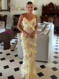 Yellow Spaghetti Straps Mermaid Long Evening Dress with Ruffles - Curvevia