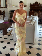 Yellow Spaghetti Straps Mermaid Long Evening Dress with Ruffles - Curvevia