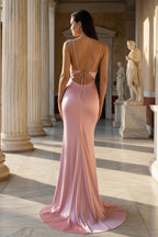 Pink Spaghetti Straps Satin Mermaid Prom Dress - Curvevia